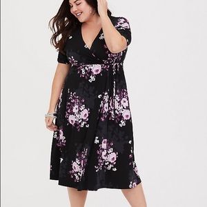 TORRID- BLACK FLORAL STUDIO KNIT WRAP DRESS